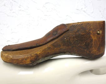 Antique Primitive Child Wood Shoe Form with Original Leather and Metal Sole Plate 7"