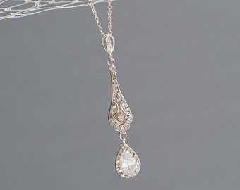 Crystal Bridal Necklace, Rose Gold Wedding Necklace, Art Deco Filigree Necklace, Sterling Silver Pendant Necklace, Bridal Jewelry, TRISSIE