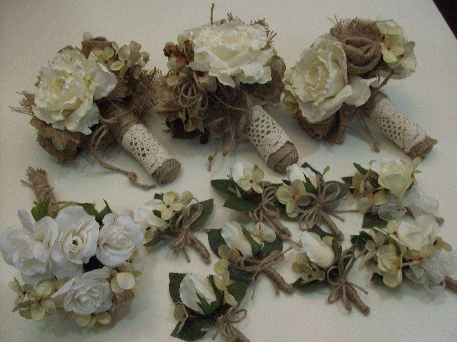 Rustic Wedding Ivory Roses Tan Burlap Rose Lace Bridal Bouquet