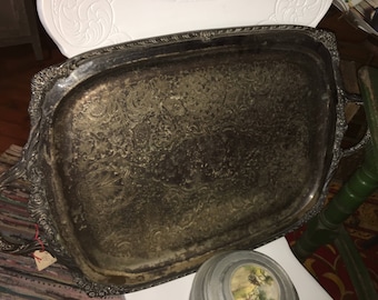 Antique Silver Platted Serving Tray, Heavy Patina, Approx 27x20 not including handles