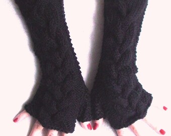 Black Fingerless Gloves / Wrist Warmers Cabled Acrylic Extra Long and Soft