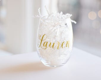Personalized Wine Glass -Bachelorette Party Gift-Bridesmaids gift - Stemless Glass - Gold Name Wine Glass - Bridesmaid - Custom Wine Glasses