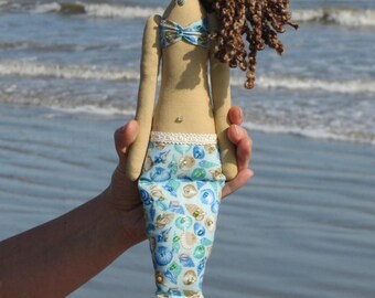 Rag doll Mermaid doll handmade fabric doll sea green turquoise softie plush cloth doll art doll mermaid - room decor doll, baby shower gift