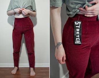 Vintage Corduroy Stretch Dark Cherry Maroon Red High Waist Slim Stirrup Trousers / Tailored Cord Jeggings Trousers / Petite EU Size 36