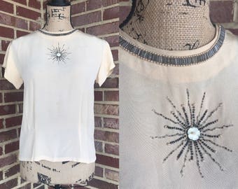 Vintage 1940s champagne colored rayon short sleeved rayon blouse