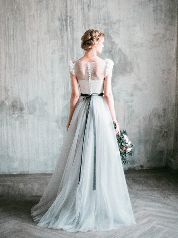 Romantic grey  wedding  dress  Neva lace  and tulle