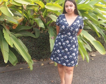 Spring dress, Summer dress, Picnic, Navy blue dress, dark blue dress, plus size, floral dress, A line skirt, short sleeve, v neck line dress