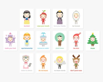 Happy Manners Card Set C of 14 - Good Manners Learning & Educational Flash Cards // Kids Wall Art Children Room Decor