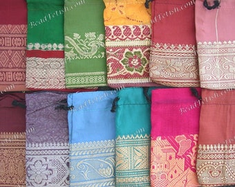 Recycled Sari Drawstring Gift Bags, 12 ~ 4 x 3" Fabric Gift Bags, Multi Colored Gift Bags, Bohemian Gift Bags, Handcrafted Bags MS-034-20