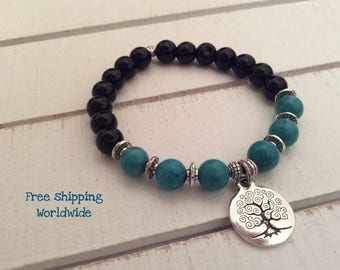 Tree of Life Meditation Bracelet, Mala Bead Bracelet, Buddhist Mala Beads, Black and Turquoise Bracelet, Black Onyx Bracelet, Turquoise Mala