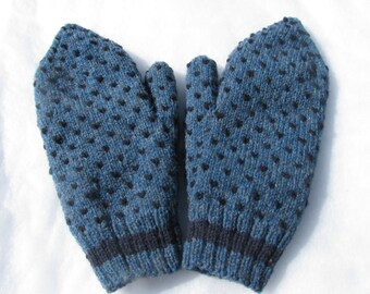 Blue Thrummed Mittens Heather Blue with Navy Blue Thrums and Stripes