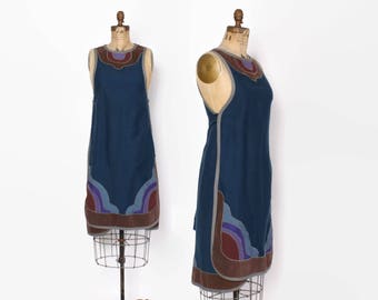 Vintage 70s Boho Wrap Dress/ 1970s G. Girvin Custom Made Cotton Hippie Jumper Pinafore