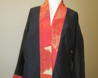 Patchwork Lapel Black Silk Short Kimono