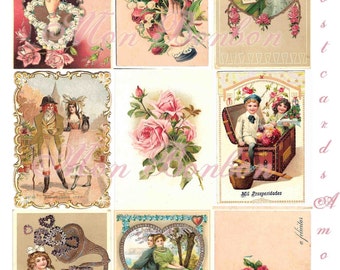 Digital Download of 9 Vintage Valentine Postcards Amore AtC sized - DIY Printables - INSTANT DOWNLOAD