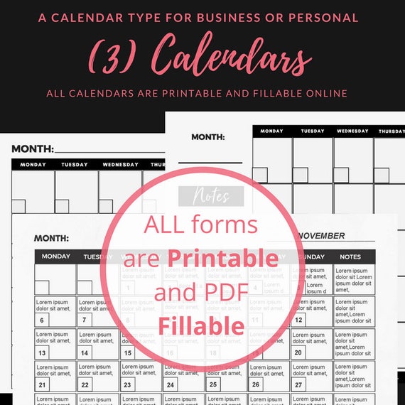 3 monthly calendar templates fillable printable black n