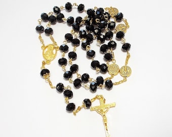 Beautiful Black Glass Crystal Catholic Rosary St. Benedict Bright Gold Sacred Heart Jesus Made in U.S.A.