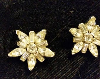 Clip-On Floral by Star Earrings Rhinestone Vintage Mid Century No Defects