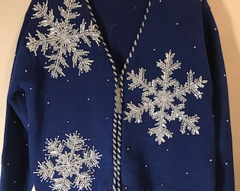 Hand Crafted and Beaded BellePointe Vintage 1980's Tacky Ugly Christmas Sweater with Snow Flakes and Zipper Size-S