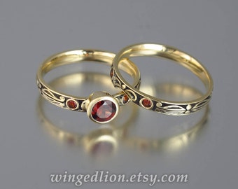 AUGUSTA 14K gold Red Garnet engagement ring & band wedding set