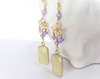 BELLA LUNA Yellow Sapphire Earrings, Lavender Purple Opal and Bali Gold Vermeil Earrings, precious gemstone link earrings