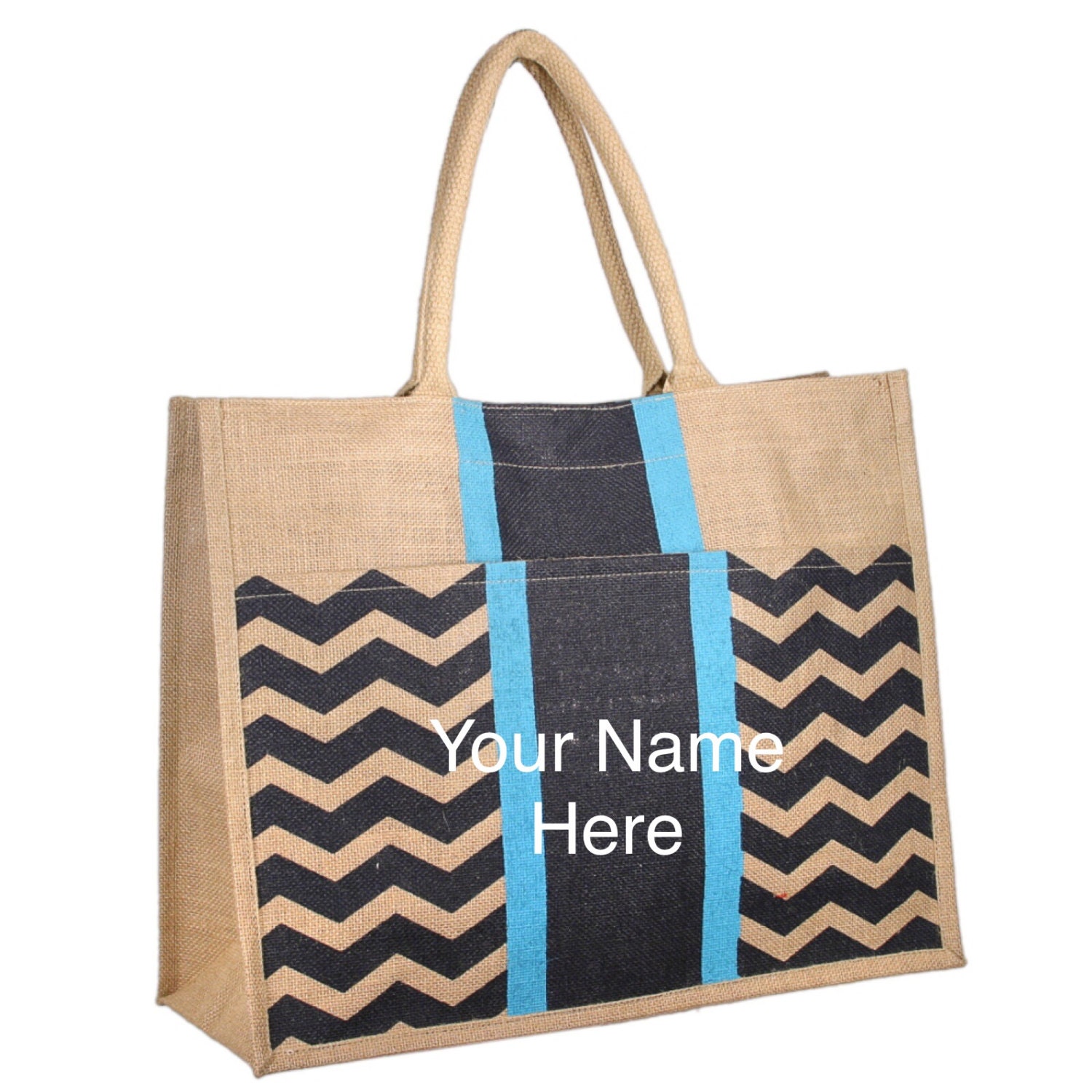 Jute Tote Bag with Navy Chevron Accent with Personalized