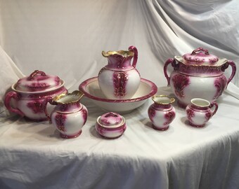 1800's, Pitcher and Wash Bowl Set, 12 Piece Pottery, Baltimore, Haynes, Victorian, Vanity Set, Chamber Pot 1900's,