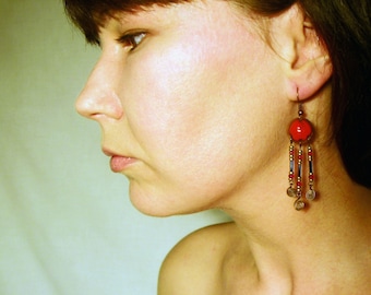 Red Enamel Earrings, Ancient Roman Style Decorate With Beads, Byzantine, Classical Style, With Ornaments