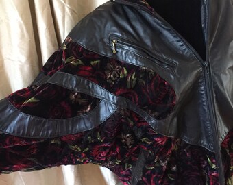 1980s Leather and Floral Velvet Batwing Jacket