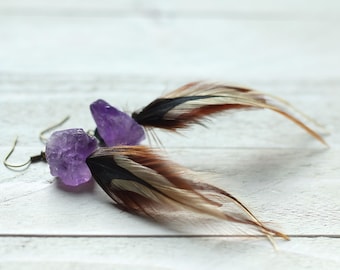 raw amethyst and feather earrings