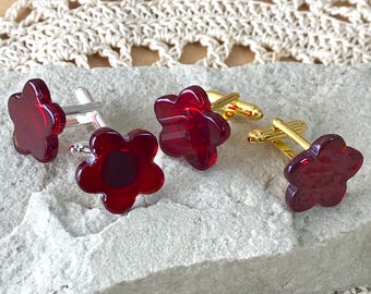 Deep Red Glass Cufflinks Semi Transparent Blood Red Flower Shapes on Your Choice of Gold or Silver Tone T Bar Fittings - Gift Boxed