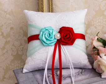 Aqua and Red Wedding Ring Bearer Pillow, Wedding Ring Pillow, Red and Aqua Wedding Pillow, Aqua red Wedding Accessories