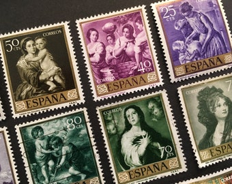 11 Off-Paper Vintage Spanish Women/Children Postage Stamps - Scrapbooking, Collage, Journaling, Paper Ephemera
