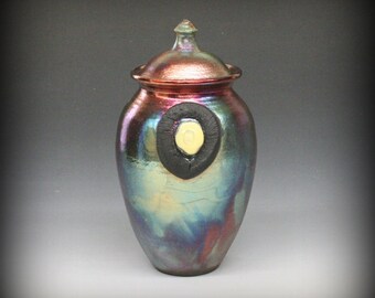 Raku Urn in Metallic Iridescent Colors with Dichroic Glass Highlight