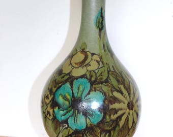 Mid Century Modern Lamp Studio Pottery - 26" Great Retro MCM Mod Colors! Sage Turquoise Green Brown/Black- Flowers Daisy