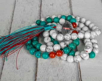 Meditation Mala Necklace, White Howlite Mala Beads, Turquoise Mala, Buddhist Prayer Beads, Tassel Necklace