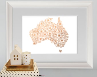 rose gold australia floral map map of australia australia print a4 print floral print nursery print copper print