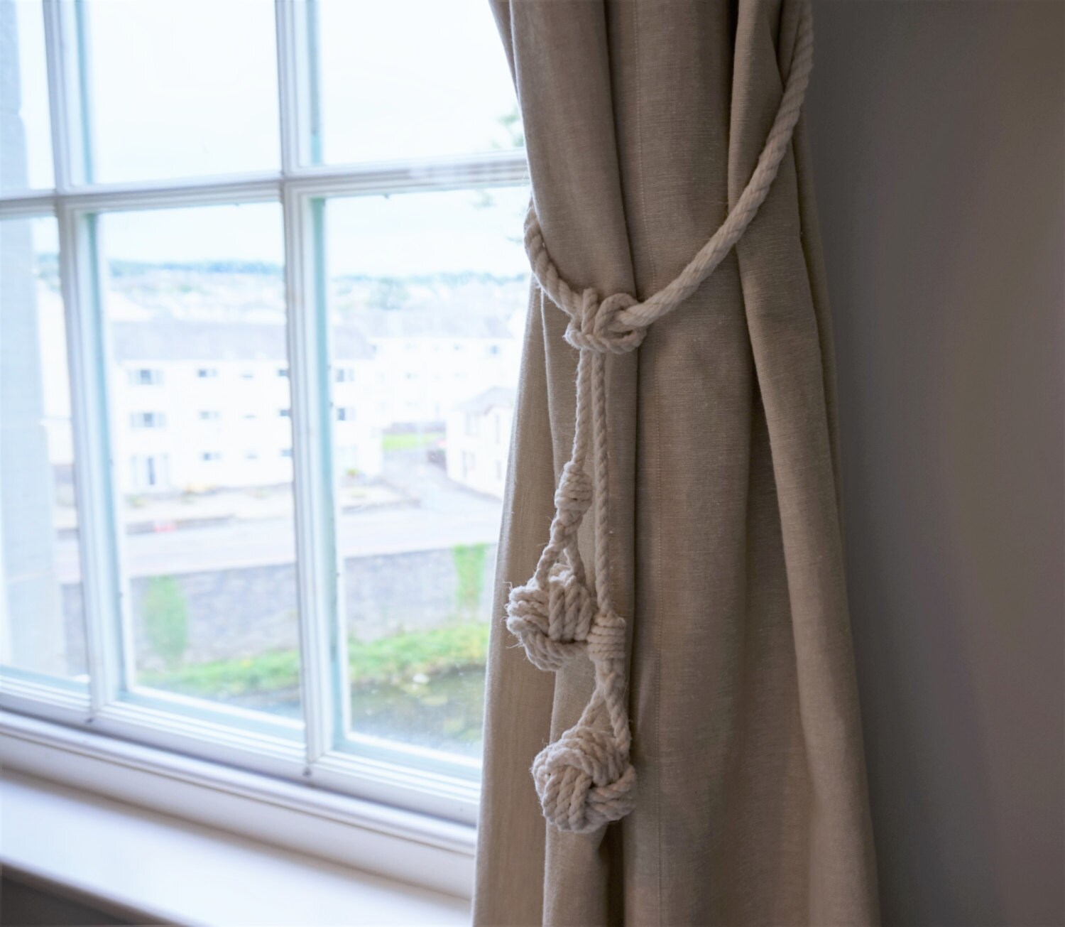 White Cotton Rope Monkey Fist Knot Tassel Curtain Tie Backs Shabby