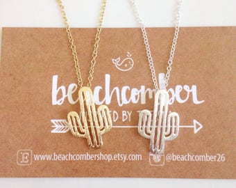 bohemian jewelry, cactus necklace, gold or silver plated necklace, beachcomber necklace, boho necklace, gold chain necklace