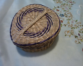 Vintage Sweet Grass Basket - Native American Basket with Lid - Hand Woven Teardrop Basket With Blue Accents Throughout - Gift for Anyone
