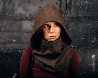 Post apocalyptic clothing, mens larp clothing, Burning man , festival clothing , hood cowl , brown scarf, fallout clothing
