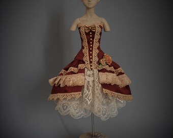 Deep Red Burlesque Corset & Sleeves- Full Set for Enchanted Doll, Popovy, Pikacha, Forgotten Hearts, and Similar Size BJD-Made to Order