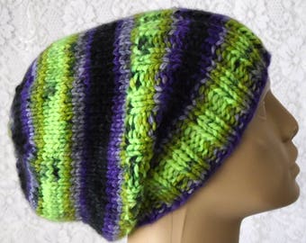 Purple green black hat, slouchy hat, watch cap, brimmed beanie hat, striped hat, knit hat, winter hat, toque, mens womens hat, chemo cap, V2