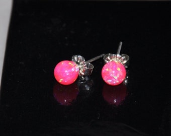 6mm Ball Stud Earrings, Hot Pink Earrings, Opal Earrings, Sterling Silver, Pink opals, 925 Sterling Silver