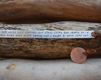 Bookmark Book mark Metal hand stamped Deerskin leather strap & copper custom personalised Quote Graduation Gift Teachers Gift Christmas
