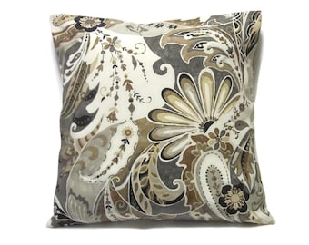 Decorative Pillow Cover Paisley Design Brown Cream Gray Grey Black Same Fabric Front Back Toss Throw Accent 18x18 inch x