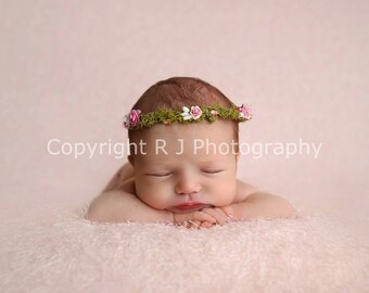 Pink Moss Rustic Woodland Flower Crown Halo Newborn Baby Photography Photo Prop or Flower Girl Accessory