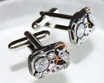 GIRARD PERREGAUX Steampunk Cufflinks - RARE Luxury Swiss Matching Silver Vintage Watch Movement Men Steampunk Cufflinks Cuff Links Men Gift