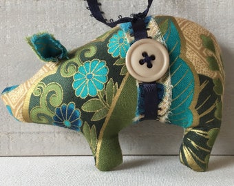 pig ornament, handmade fabric pig, fabric pig, holiday tree ornaments, blue gold ornaments, pig decor