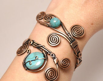 Turquoise Bracelet, Turquoise Cuff Bracelet, Copper Turquoise Bracelet, Turquoise Jewelry, Wire Wrapped Jewelry Handmade, Copper Jewelry