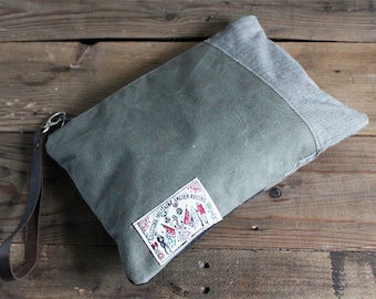 Recycled military canvas, large clutch, eco vintage fabrics